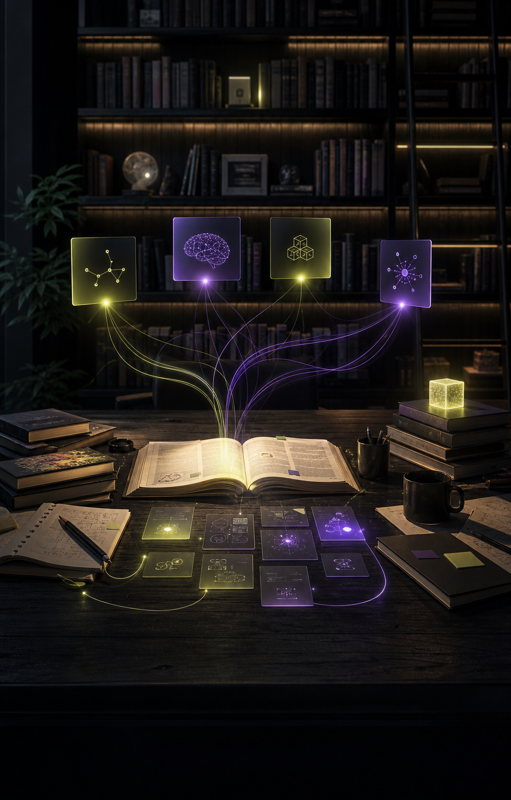 Dark library study table with open books and luminous learning pathways