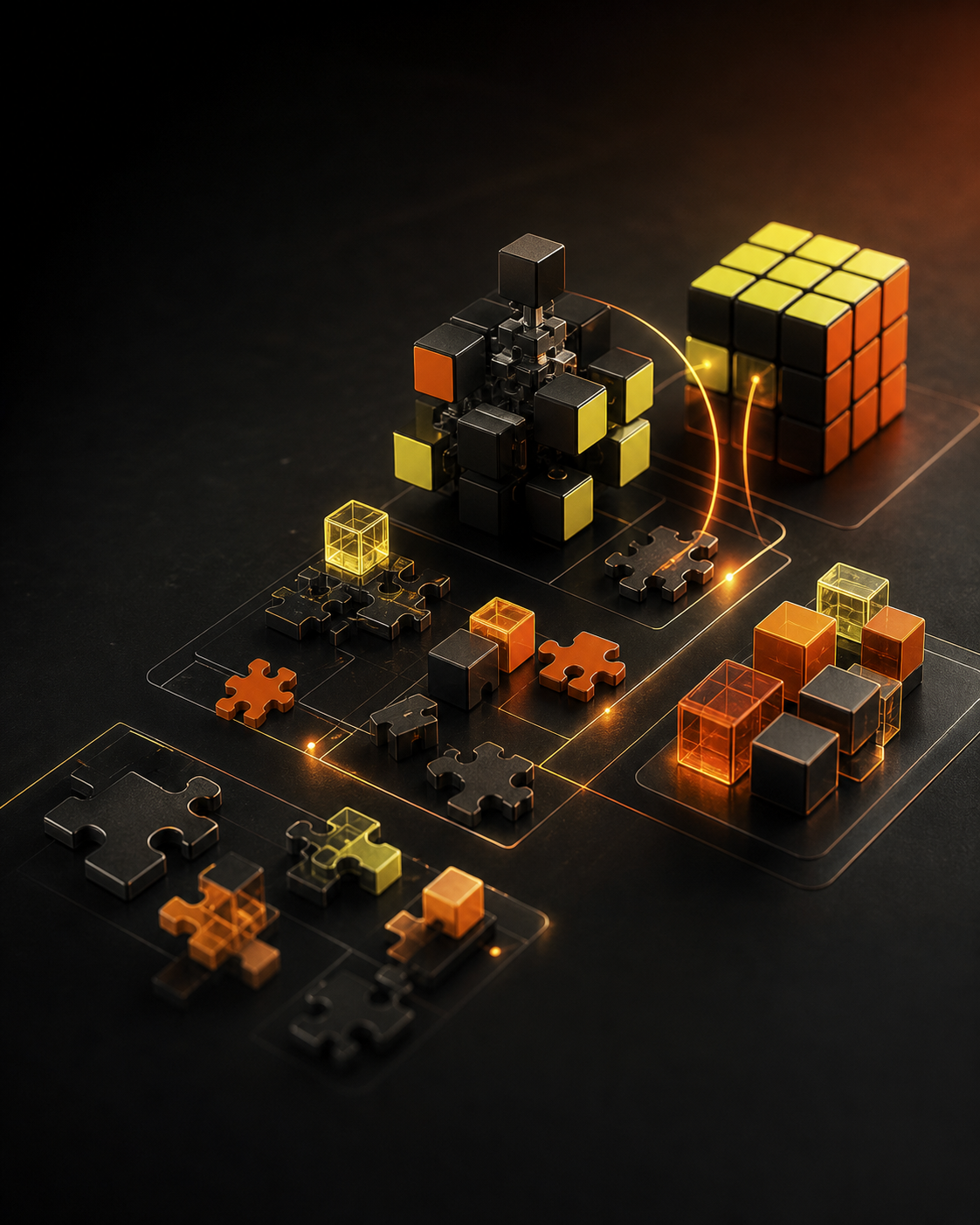 Rubik cube modules and puzzle pieces arranged as a product build sequence